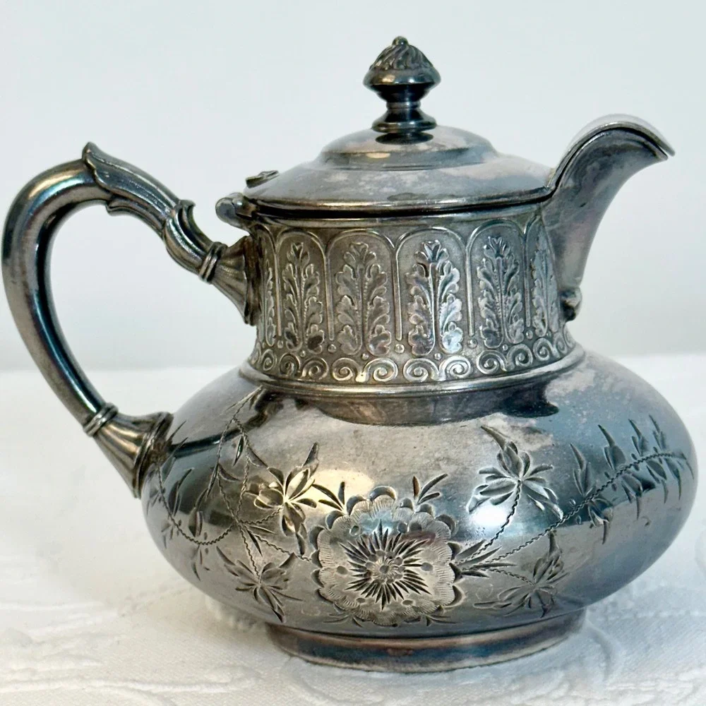 James W Tufts Boston Antique Quadruple Plate Silver Teapot Creamer Floral 1948